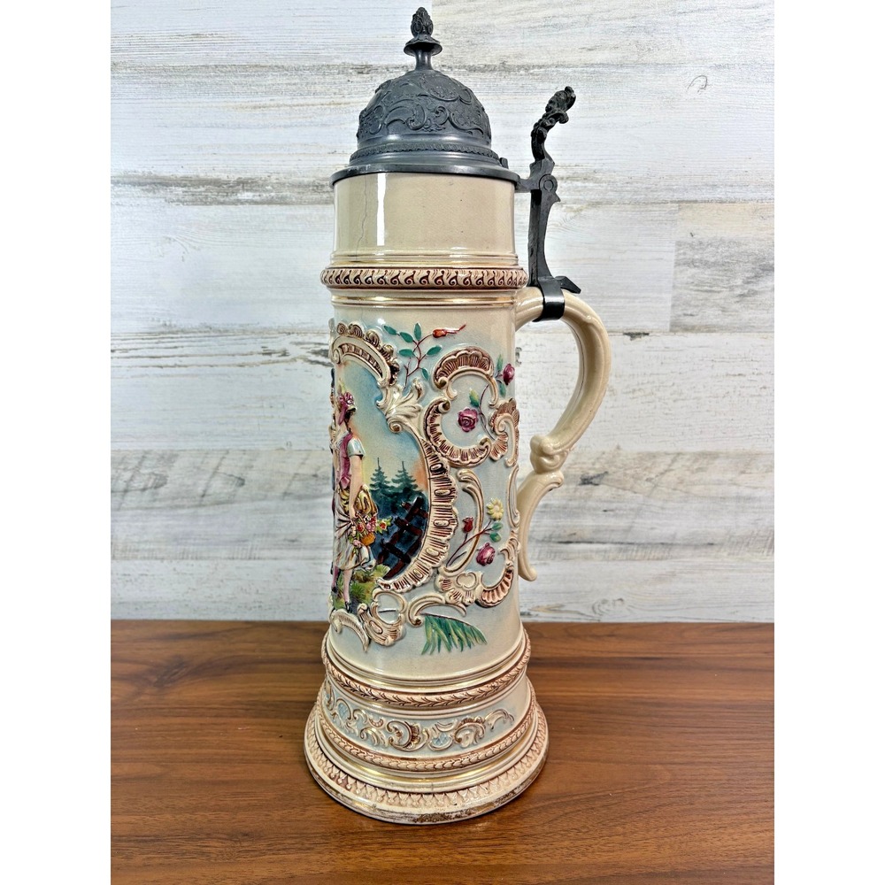 Antique Reinhold Hanke Beer Stein Germany LARGE 17" raised relief designs